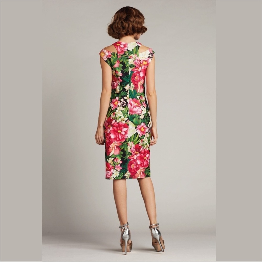 Tadashi Shoji ZORA FLORAL SHOULDER CUT-OUT DRESS SZ Medium Tropical Ruffle Sexy - Picture 14 of 16